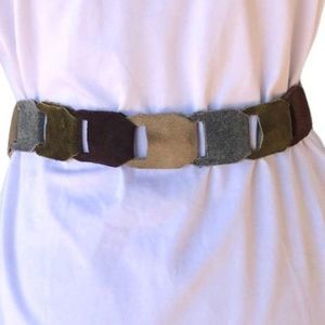 Vintage Boho Hippie Suede Leather Patchwork Block Interlocking Belt Gold Buckle